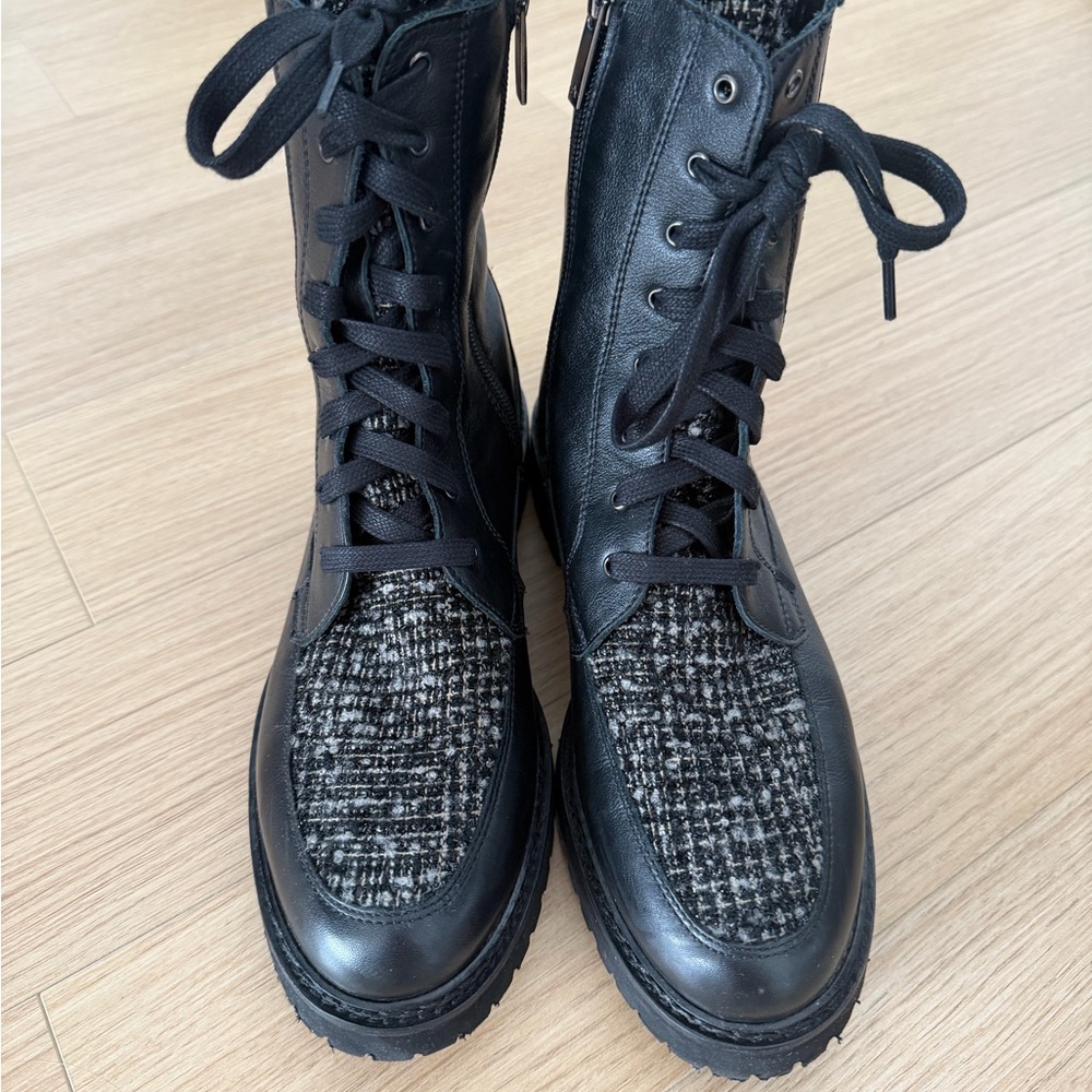 Aquatalia Black and Gray Tweed Combat Boots